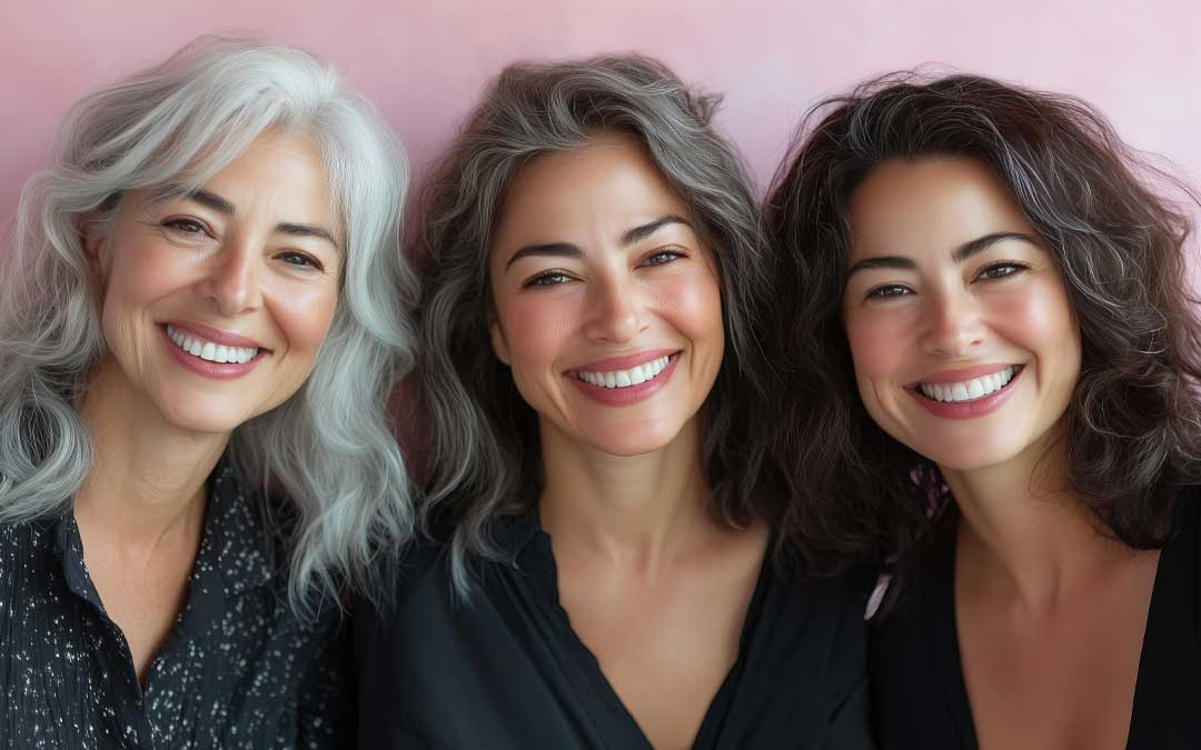 Three women of different ages with healthy, radiant skin